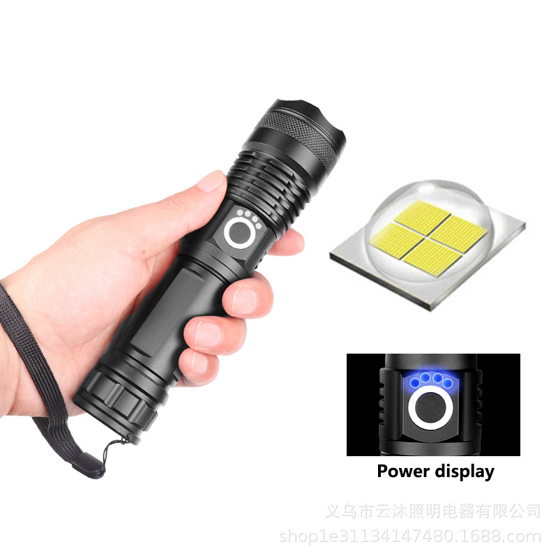 跨境新款XHP50铝合金伸缩手电筒 电量显示USB充电P50强光手电筒
