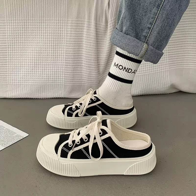 半拖小白帆布板鞋女春秋包头百搭休闲运动鞋ins风低帮帆布鞋