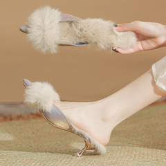 313-7F11 Shallow-Cut Autumn/Winter New Collection Furry Shoes, Versatile Fleece-Lined Heels with Pointed Toe and Sleek Design, High-Heel Style