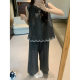 South Korea Ins Women's Design Sense Lace Stitching Round Neck Plaid Sleeveless Vest Sweet Home Clothes suit