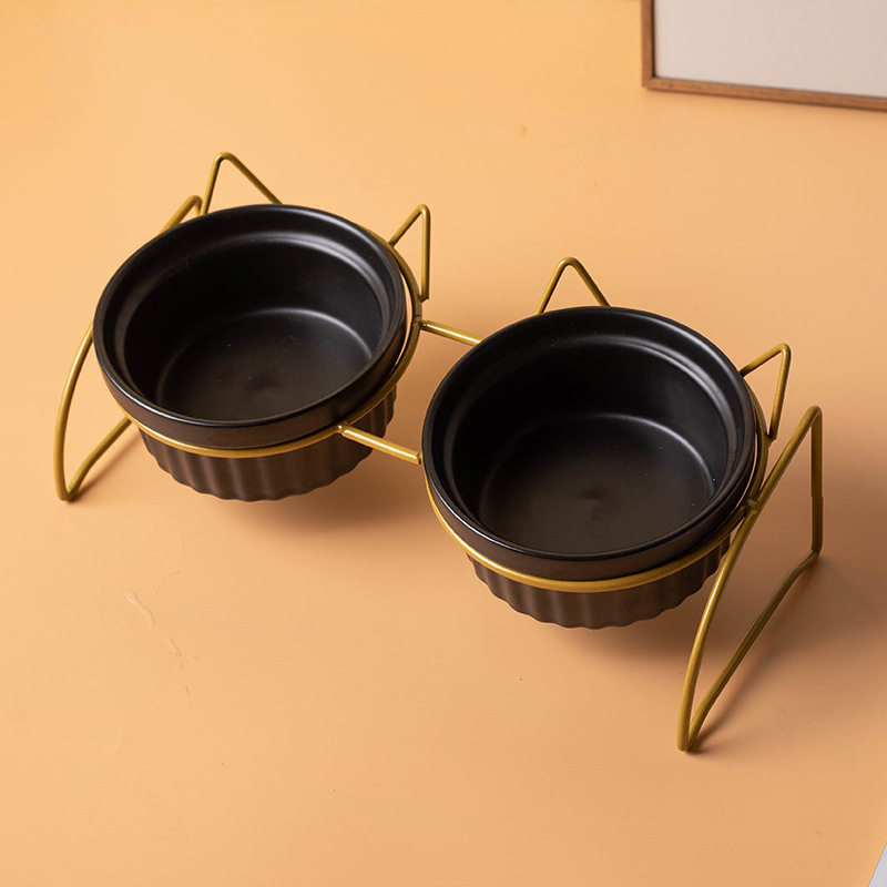 Fábrica al por mayor de cerámica gato comida tazón cuello protección diseño bebedero gato arroz tazón doble tazón antidetonante perro tazón de comida
