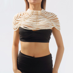 C0513歐美重工誇張多層珍珠身體鏈 時尚復古氣質鏤空披肩禮服配飾