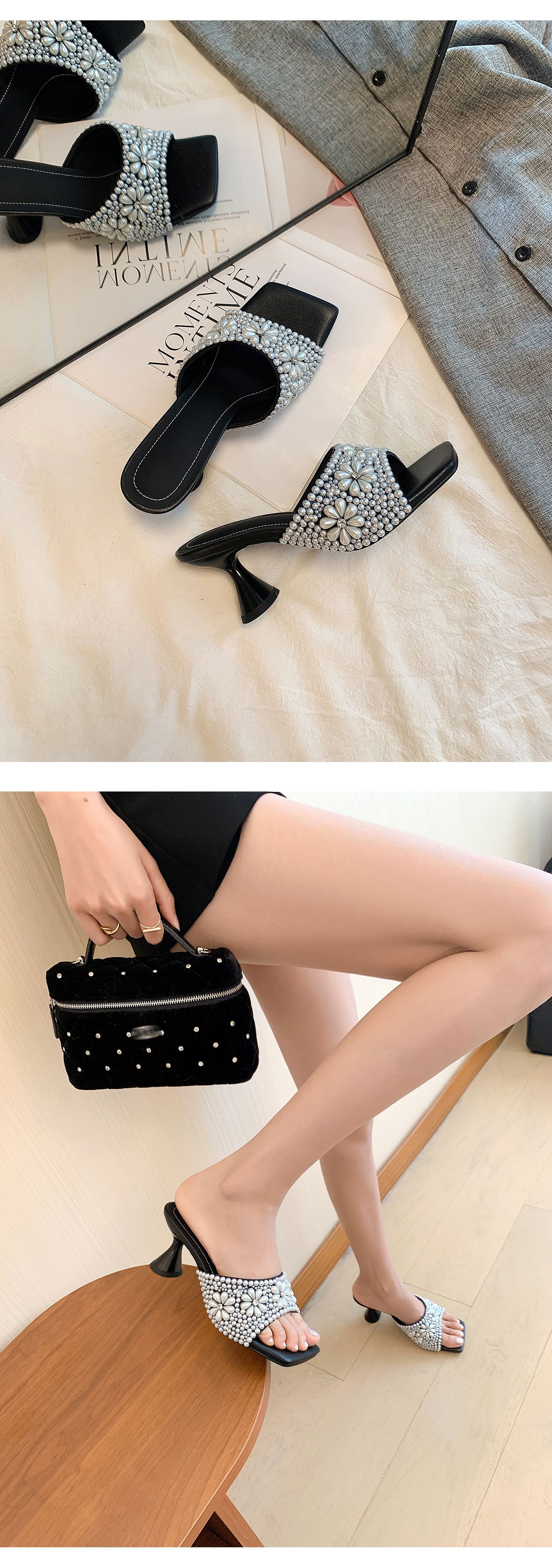Sandal cao gót nữ quai ngang mũi vuông đính đá pha lê handmade — màu đen, màu trắng chi tiết 9