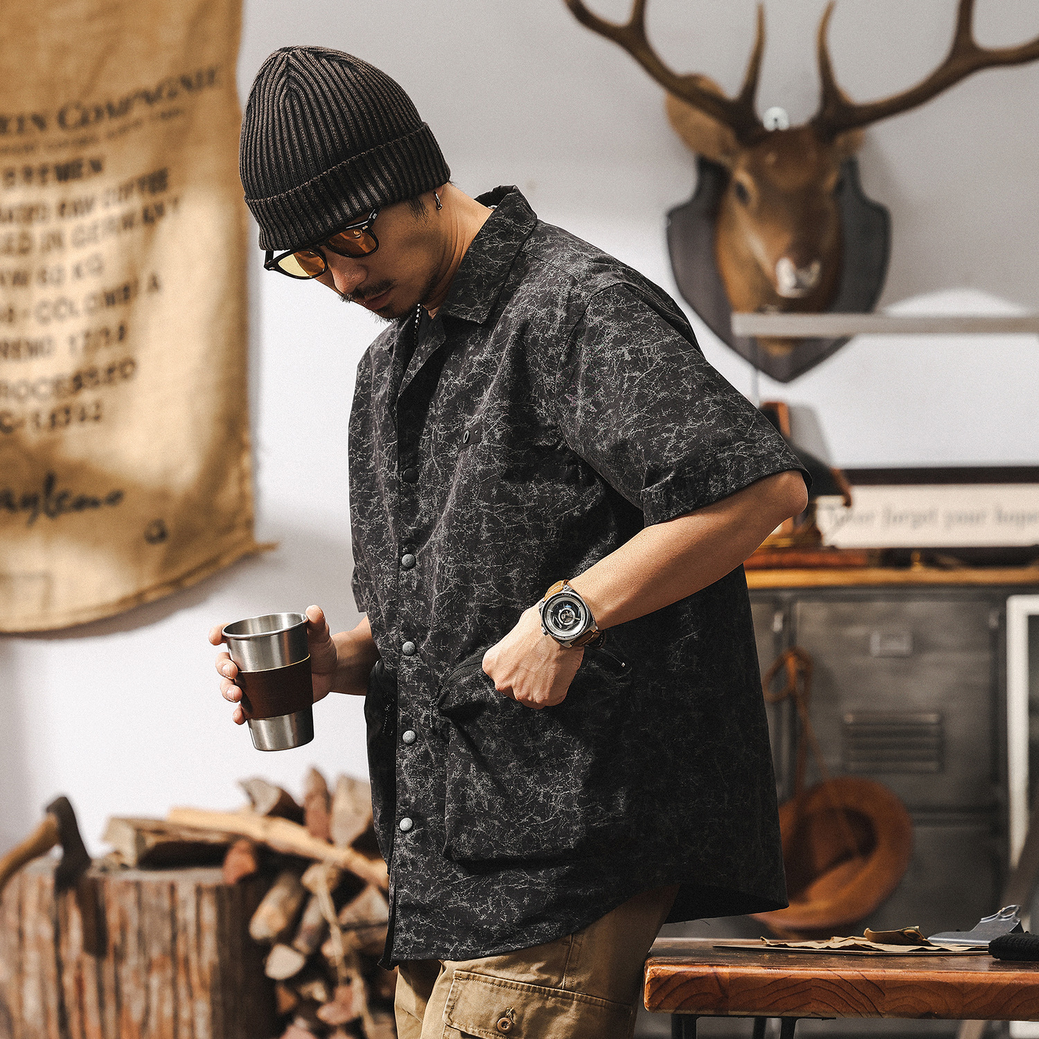 Three-dimensional zipper pocket work shirt men's short sleeve summer American retro trend outdoor functional style shirt coat