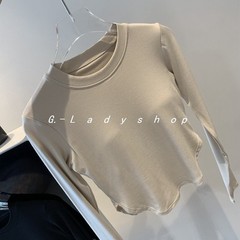 2023螺紋柔秋冬長袖含胸墊瑜伽服裸感高彈力露腰修身運動健身上衣