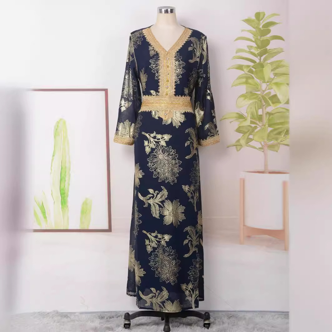 MT166 Cross-border Women's Fashion Long Sleeve V-neck Dress, Popular In Middle East, Arabia, Dubai, Muslim Robe_ecoleips.com