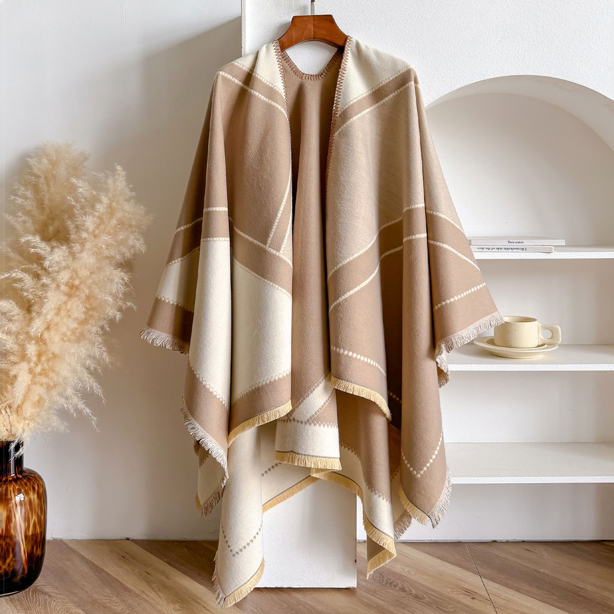 Korean Style Autumn and Winter New Large V Scarf for Women, European and American Imitation Cashmere Square Scarf, Thickened Air-Conditioned Room Warm Shawl Cape