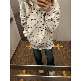 花卉印花拉链连帽卫衣男女2025新款春秋季潮流休闲宽松帽衫外套潮