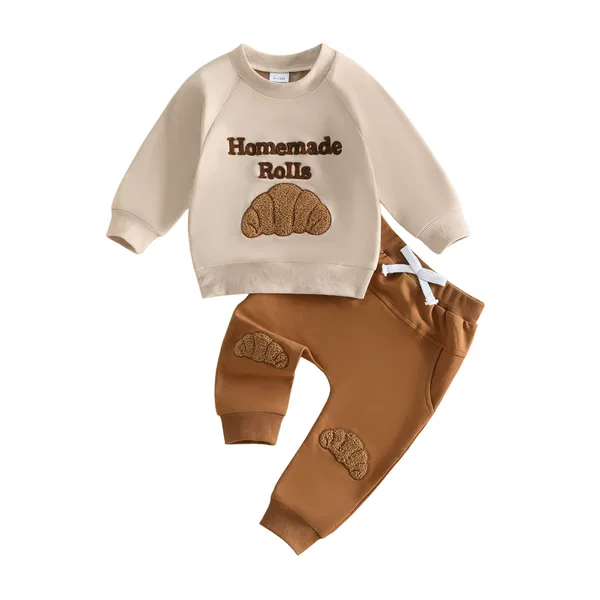 Baby Spring and Autumn Embroidered Sweatshirt Set with Cartoon Turkey and Croissant Design, Casual Jogger Pants Two-Piece Outfit for Infants and Toddlers