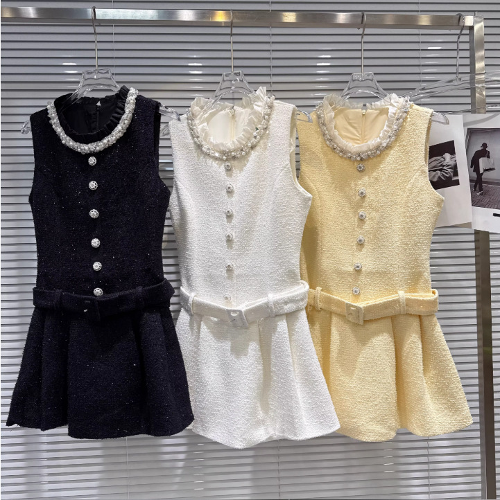 2026 Spring New Style Chanel-Inspired Pearl Collar Tweed Vest Dress with Belt and Skirt Hem