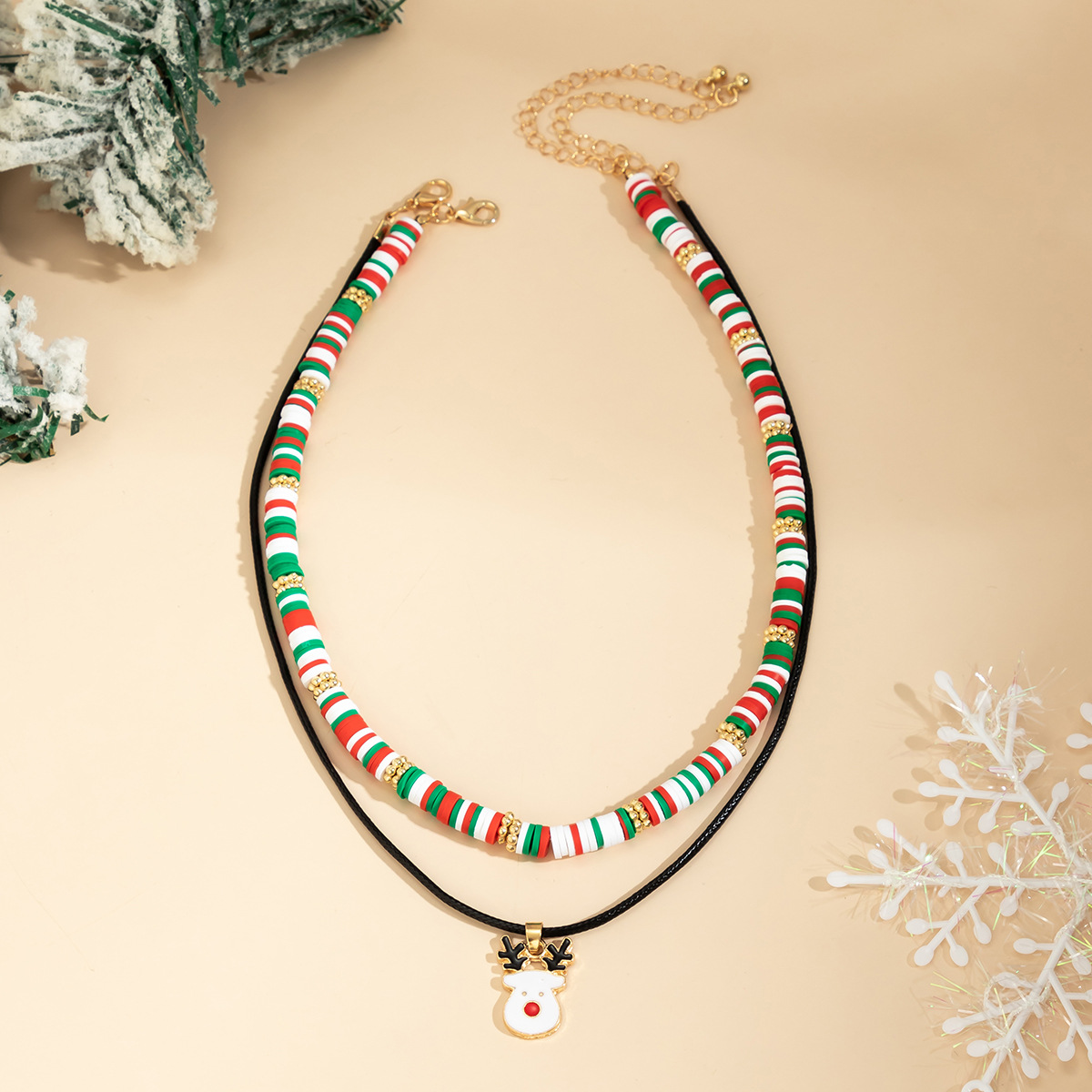 Christmas Beaded Choker Necklace With Crystal Snowman Charms_voghion.com