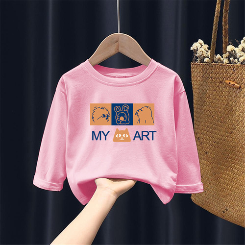 H2168# Children's Long-Sleeve Pure Cotton Base Shirt Spring and Autumn Printed Stylish Casual T-shirt for Boys and Girls Casual Top Trendy