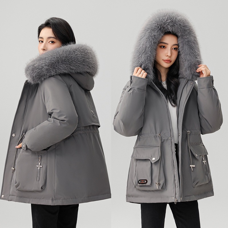 2025 invierno nuevo comercio exterior grueso para superar la cintura femenina delgada con capuzas cuello de cabello grande abrigo de algodón cálido