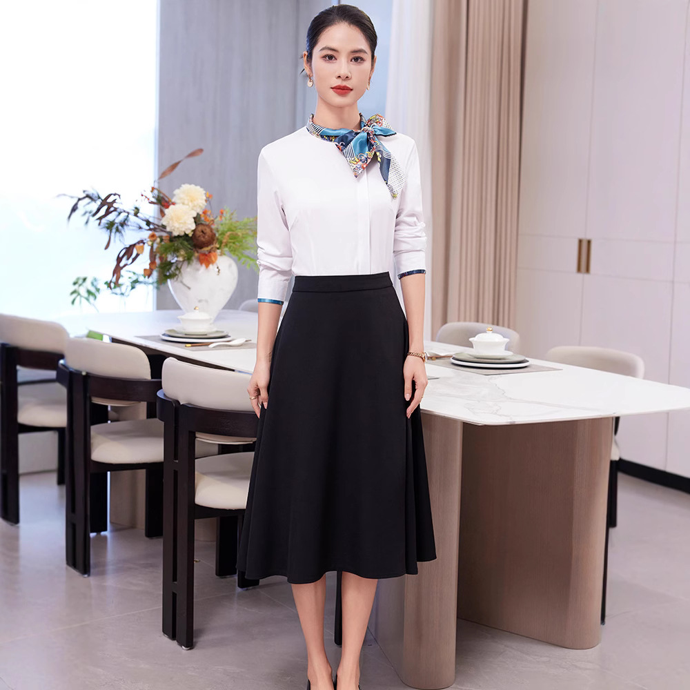 2025 Spring and Autumn Bow Shirt Women's Long-sleeved White Shirt High-end Flight Attendant Hotel Front Desk Tooling Stewardess Uniform
