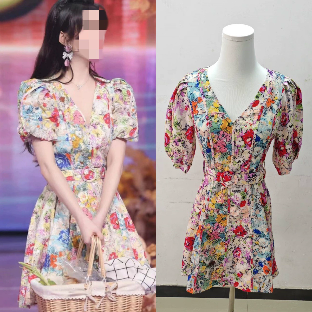 Долгосрочный запас на лето 2025 года: женское платье в стиле Мэнцзыйи с французским цветочным принтом, V-образный вырез, облегающий силуэт, завышенная талия, пышные рукава, платье А-силуэта.