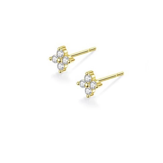 Серьги-гвоздики, zircon с четырехлистником, 5–6 мм, золотистые или платиновые, легкие