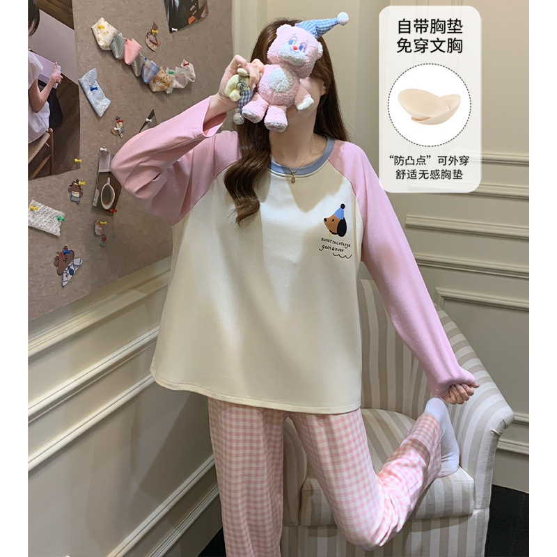 Autumn and Winter Pajamas for Women, Long-Sleeved, Two-Piece Set with Built-In Breast Pads, Round Neck, Bra-Free, Cartoon Cute Girl Home Clothes