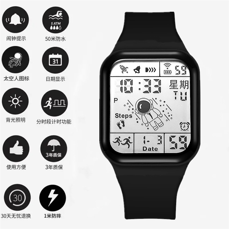 Sports Version of the Versatile Waterproof Electronic Watch for Men and Women, Tiktok Influencer Watch for Students and Teenagers, Astronaut Square Shape