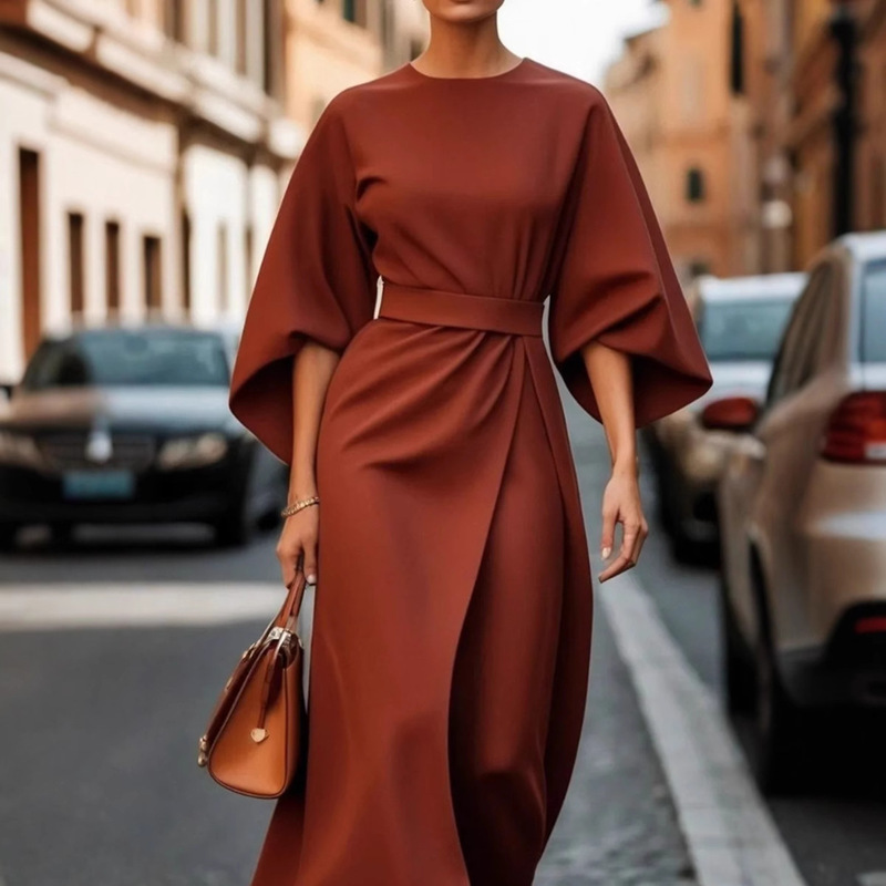 2025 New Amazon Cross-border European and American Fashion Elegant Solid Color Waist Casual Bat Sleeve Long dress