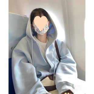 Light Blue Thin Sweatshirt for Women Spring & Fall 2025 New Korean Style Loose Basic Classic Hooded Casual Jacket Trendy
