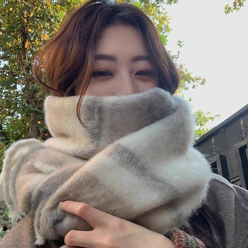 围巾女冬季高级感彩色围巾毛毛流苏大披肩保暖百搭氛围感条纹围脖|undefined