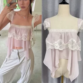 26春夏新品/小飞袖蕾丝拼接吊带小上衣