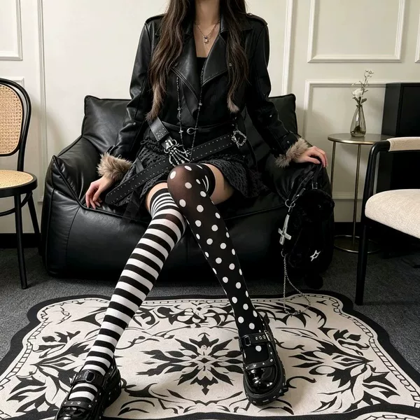 Y2K Asymmetric Polka Dot Striped Over-The-Knee Socks Dark Goth Sexy Jk Black High Tube Long Socks Summer Thin Style