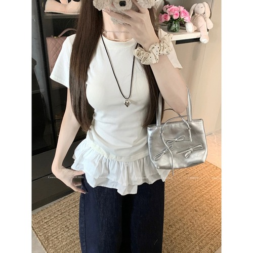 MR【Cotton】 French Ruffle Hem Spliced White Short Sleeve T-Shirt Women's Summer Slim Fit Straight Shoulder Top 