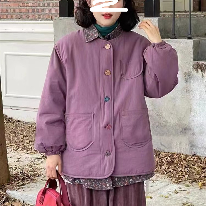 Vintage-Style Buttoned Collarless Thick Warm Cotton Coat for Women on Sale