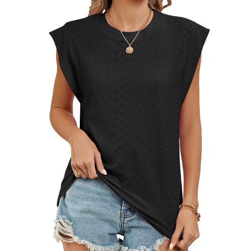 Amazon European and American Cross-border Foreign Trade 2024 Summer Solid Color Round Neck Loose Short Sleeve T-shirt Vest Top for Women