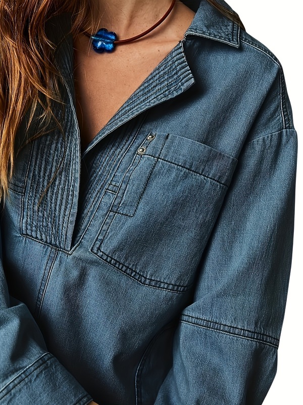 V-Neck Denim Pullover Casual Shirt - Loose Long Sleeves,|undefined