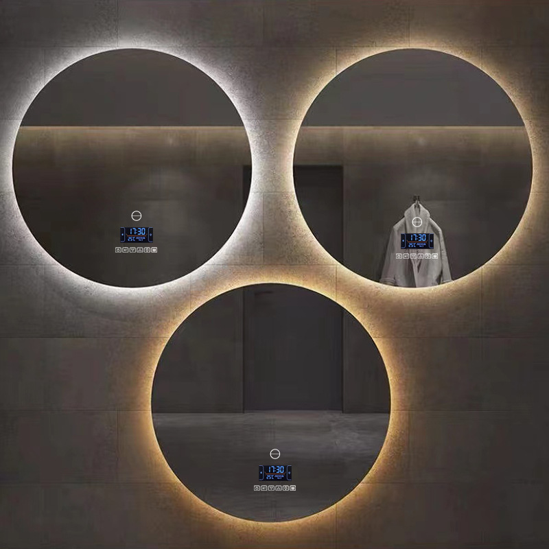 Espejo redondo colgado de pared espejo de baño inteligente con lámpara LED pantalla táctil inductiva anti-fog luminiscente espejo colgado de pared