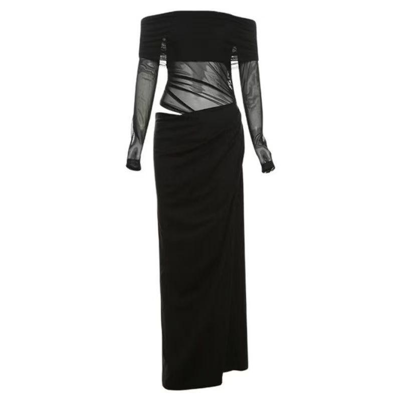 Mature Hot Girl Style Black Mesh Splicing Cut Out Waist Slimming One-Shoulder Dress High-End Pleated Little Black Dress