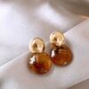 15#Gold round bean smudged amber semicircle pendant earrings