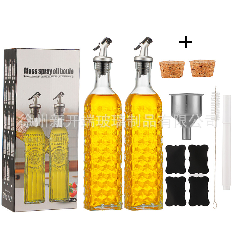 Botella de aceite de vidrio Amazon 500ml dispensador de olla de aceite de oliva verde oscuro Juego de botella de vinagre transfronterizo
