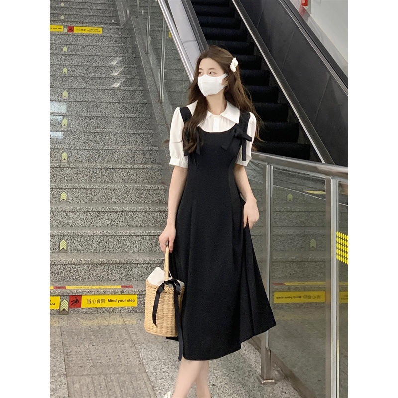 日系夏季新款学院风韩版法式复古中长款假两件蝴蝶结设计感连衣裙