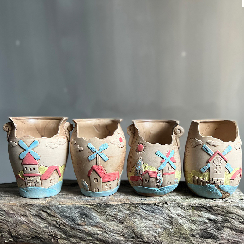 Fleshy flowerpot wholesale stoneware painted breathable large ceramic special large and small caliber old pile retro personality platter