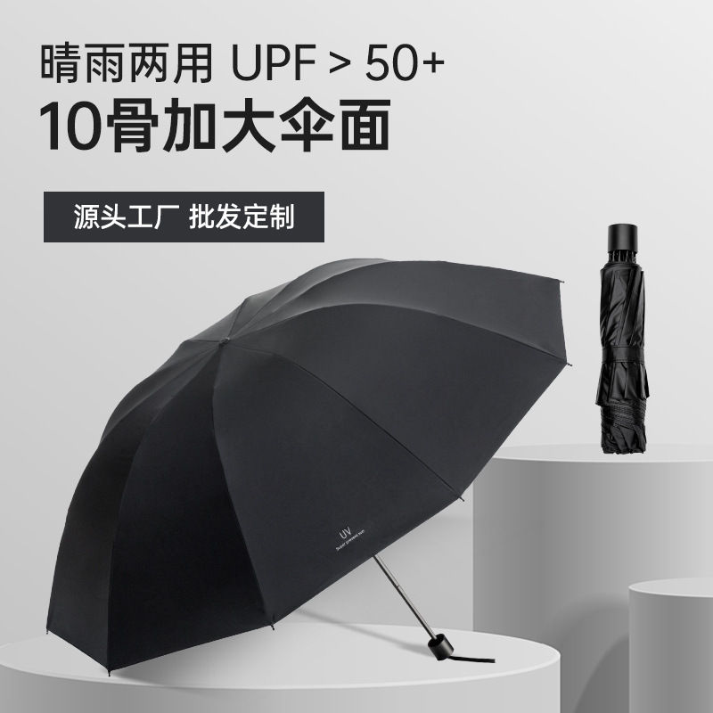 Customized Large Folding Umbrella with Manual Opening, Large Black Coating for Sun Protection, Dual-Use for Sun and Rain, Business-Style Reverse Folding Umbrella