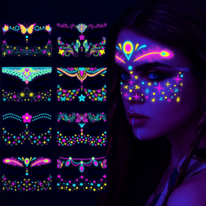 Hot-Selling Cross-Border New Product: Fluorescent Butterfly Waterproof Face Stickers for Music Festivals, Neon Tattoo Stickers for Masquerade Parties Hot-Selling Cross-Border New Product: Fluorescent Butterfly Waterproof Face Stickers for Music Festivals, Neon Tattoo Stickers for Masquerade Parties