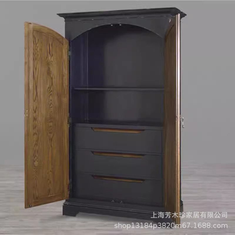 美式实木衣柜复古做旧两门收纳衣橱主卧大容量收纳储物衣柜|undefined