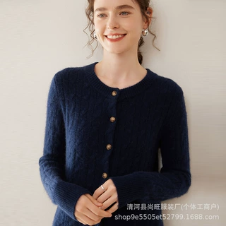 秋冬新款山羊绒开衫女拉夫羊绒上衣圆领宽松百搭加厚麻花毛衣代发