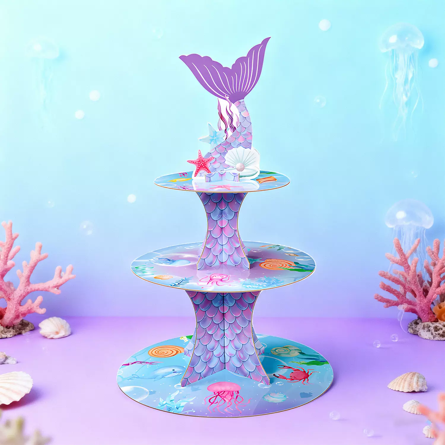 新款跨境鱼尾主题三层纸质蛋糕架生日蛋糕点心甜点摆件派对装饰品