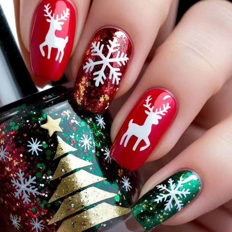 Cross-border best-selling nail stickers, red press-on nails, nail decals, Christmas snowflake, reindeer, snowman adhesive set