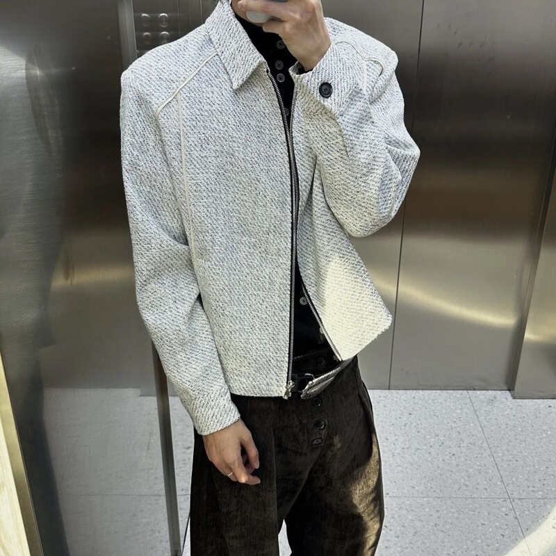 Chanel-Style Tweed Jacket for Men, Spring and Autumn, High-End Short Baseball Jacket with Lapel, Trendy Loose Casual Style