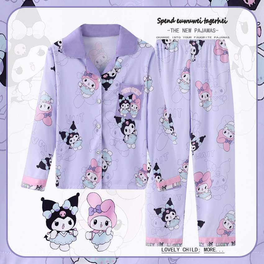 Pijamas para niños del sudeste asiático para niños de primavera y otoño para niñas de manga larga y solapa fina de dibujos animados LABUBU traje de otoño para niños grandes image 27