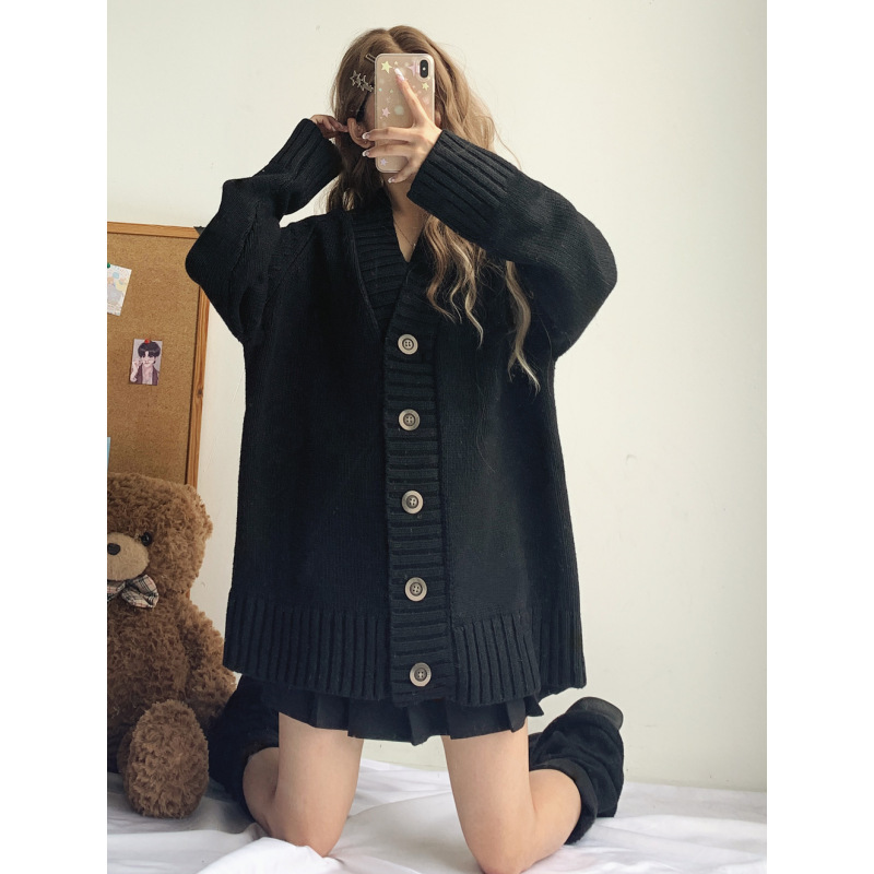 Mid-length Black Sweater Coat Women's 2024 Early Spring Thick Knitted Korean-style Cardigan Loose Casual Style Top Mid-length Black Sweater Coat Women's 2024 Early Spring Thick Knitted Korean-style Cardigan Loose Casual Style Top