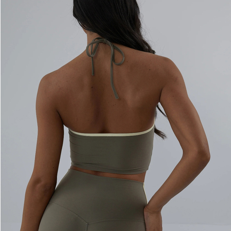 Color contrastante correa colgando el conjunto de ropa de pelusa para mujeres desnudas sensación de secado rápido con cojín de pecho deportivo alta cintura elevación de cadera dos piezas conjunto