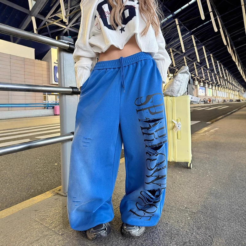 American-Style Ripped Letter-Print Drawstring Wide-Leg Sweatpants Unisex Loose Casual Versatile Straight-Leg Long Pants Cross-Border 2025