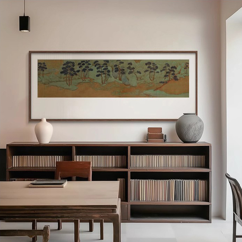 新中式客厅沙发背景墙山水装饰画禅意书房松树挂画酒店别墅壁画