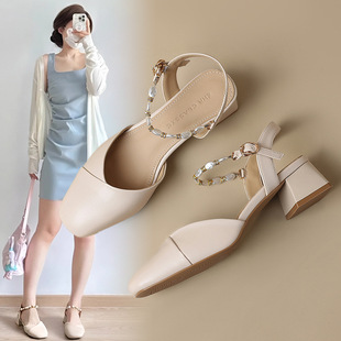 ZHR French Baotou Sandals Women's Thick Heeled Summer Fairy Style Shallow Mouth Mary Jane Shoes Soft Bottom Sandals Women